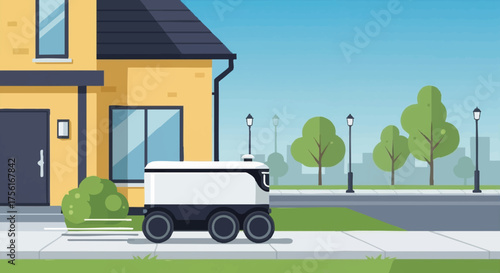 Flat vector art of an autonomous delivery robot on a suburban sidewalk. Future technology and last-mile logistics concept illustration. Automated courier service in a city neighborhood
