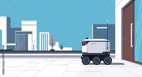 An autonomous delivery robot on a city sidewalk. Flat vector illustration of future logistics and automation technology. Contactless shipping service concept
