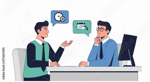 Employee discussing a schedule change with a manager. Flat design vector illustration of a business meeting. Concept for time off requests, flexible work, and deadline extensions