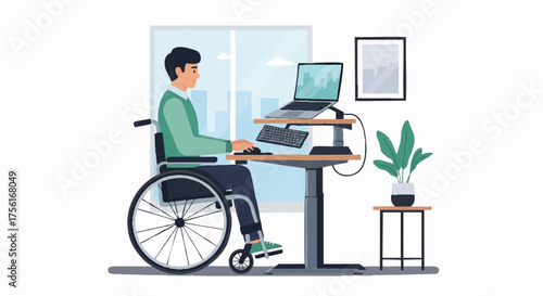 A man in a wheelchair working at an adjustable desk in a modern office. Workplace accessibility and inclusion concept. Flat vector illustration