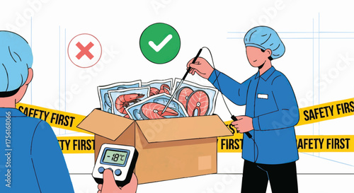 Quality control inspection of frozen seafood. Worker checking temperature with a digital thermometer. Food safety and cold chain concept flat vector illustration
