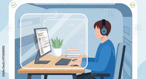 Flat vector illustration of an engineer using noise canceling headphones. Character working on a computer in a focused environment. Concept for neurodiversity and remote work