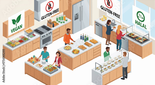 Isometric illustration of a cafeteria with diverse dietary options. People choosing vegan, gluten-free, and halal food. Vector graphic on food inclusion