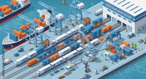 Isometric illustration of a cold chain logistics hub. Intermodal transport with ships, trains, and trucks at a seaport. Vector graphic for supply chain and freight concepts