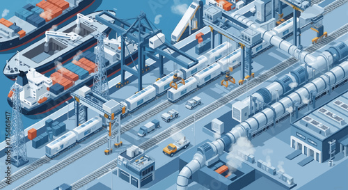Isometric illustration of a port logistics and shipping terminal. Industrial scene with cargo ships, freight trains, and cranes. Supply chain and global trade concept vector design