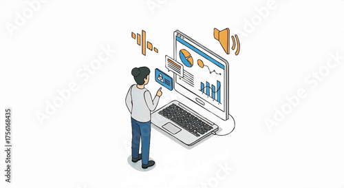 Isometric vector art of a person using a screen reader. Accessibility and assistive technology concept for data analysis. Woman interacting with a UI dashboard on a computer