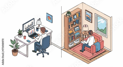 Isometric vector illustration of work-life balance. A man working remotely in a home office and relaxing in a living room. Remote work and relaxation concept