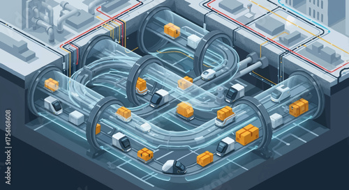 Isometric vector illustration of an underground logistics network. Futuristic automated transport and delivery system concept. Autonomous vehicles carrying packages in tunnels