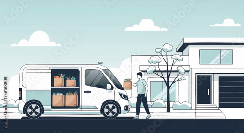 A person picking up groceries from a modern delivery van. Online shopping and home food delivery service concept. Flat design vector illustration