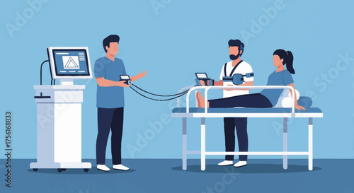 A physiotherapist guiding a patient through a medical examination. Rehabilitation and physical therapy concept. Flat design vector illustration