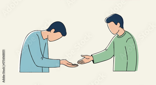 A simple vector illustration of one person offering a helping hand to another. A concept of charity, giving, and support. Minimalist flat design graphic