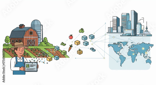 Smart farming and agritech concept illustration. Global food supply chain from farm to city. Modern vector graphic showing digital integration in agriculture