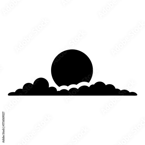 Sun Behind Clouds Simple Icon Design- Minimal black and white vector illustration showing a sun partially hidden behind clouds, ideal for weather app icons or graphic symbols