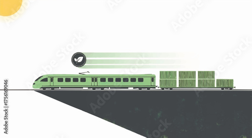 A green freight train symbolizing sustainable transport. Eco-friendly logistics and cargo shipping concept. Flat design vector illustration.