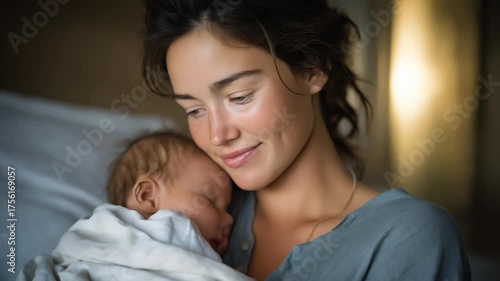 Mother’s eyes welling with tears as she embraces her baby for the first time at home, emotion of love and relief captured, representing parenthood, trust, and emotional renewal in intimate family