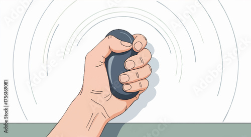 A hand squeezing a dark worry stone for stress relief. Top-down vector illustration about anxiety management and mindfulness. Self-care and mental health concept graphic