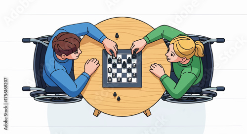Top down view of two people in wheelchairs playing chess. Vector illustration of disability, inclusion, and recreation. A man and woman competing in a board game