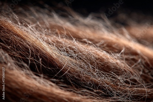Hair texture showing dry brown strands mixed with graying hairs