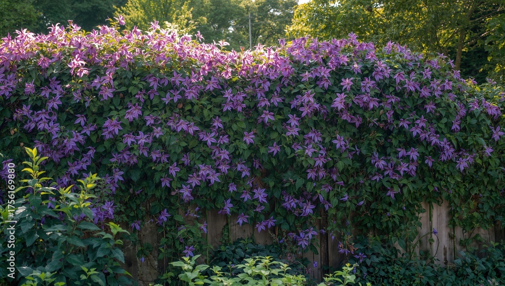 Obraz premium Fence fully adorned with blooming clematis in a residential garden