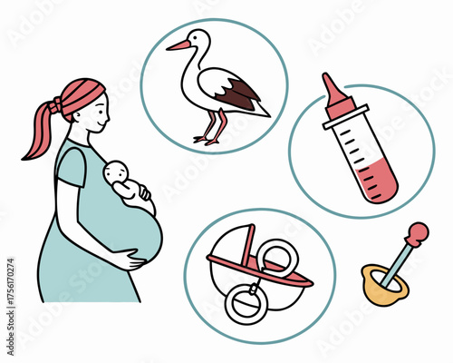 Illustration of a pregnant woman with baby items