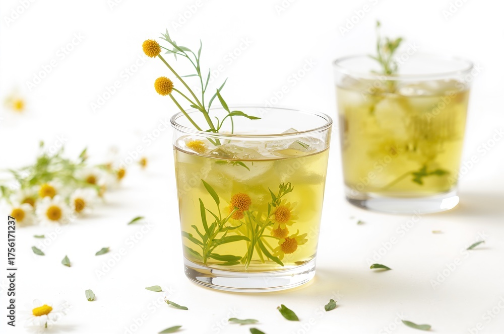 Fototapeta premium Small glasses filled with chamomile herbal tea as refreshing welcome beverages against a soft-focused backdrop