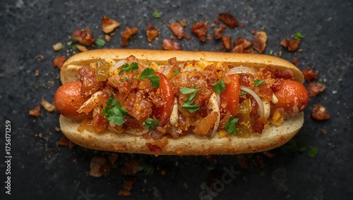 Deluxe Messy Hot Dog with Assorted Toppings on Dark Stone Surface. Nutritious Fast Food Choice.