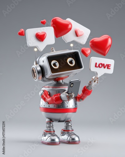 3D metal robot sending love messages with heart icons and smartphone, AI love concept for Valentine Day.