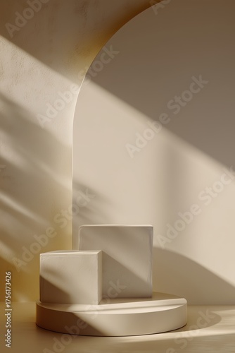 Minimal product pedestal scene with matte plaster blocks, warm neutral palette, textured backdrop