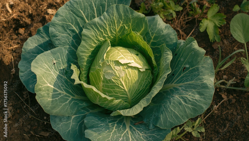 Fototapeta premium Detailed view of a cabbage plant in a garden displaying leaf damage from pests