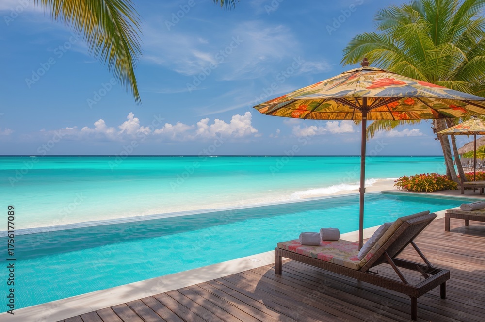 Obraz premium Stunning Tropical Seaside Setting Featuring Umbrella and Chairs Near an Outdoor Pool at Dawn or Dusk for Holiday Relaxation