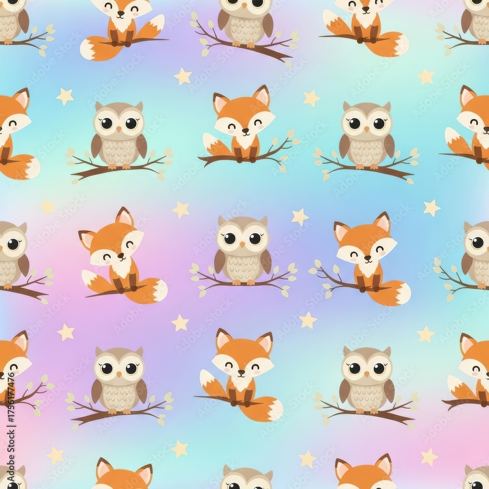 Fototapeta premium Cute fox and owl seamless pattern for kids