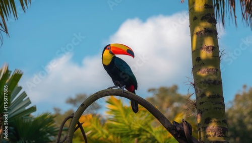 A toucan resting on a tree ...