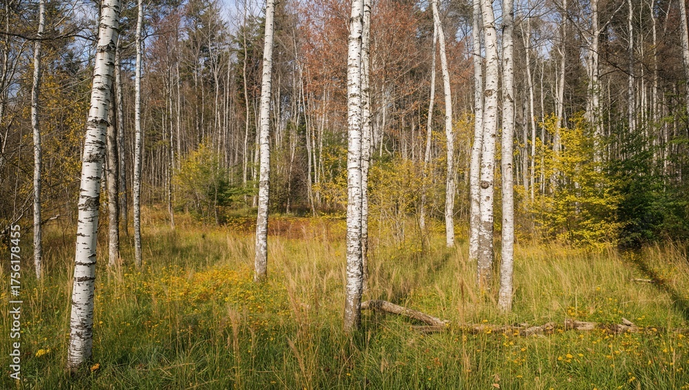 Fototapeta premium Autumn woodland with birch tree trunks