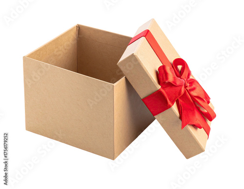 Open brown cardboard gift box with a red ribbon and bow, on a black background