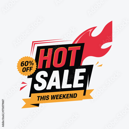 Hot Sale Banner Design with 60% Off Discount and Fire Flame Graphic