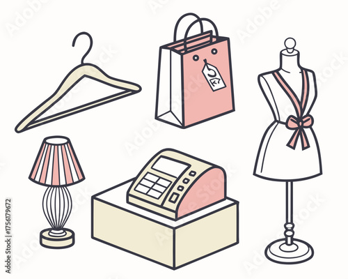 Illustration of shopping items including clothes, bag, lamp, and cash register