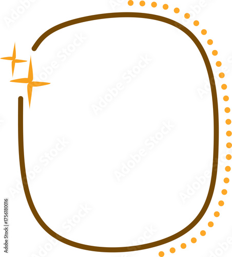 Minimalist oval brown frame with orange dotted decoration and small spark stars, designed with empty space for photo or text in modern handmade look.