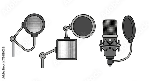 Set of three professional studio recording microphones illustration.