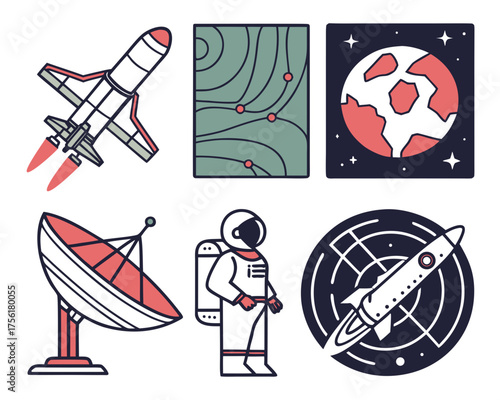 Space and technology illustration with rocket, satellite, and astronaut