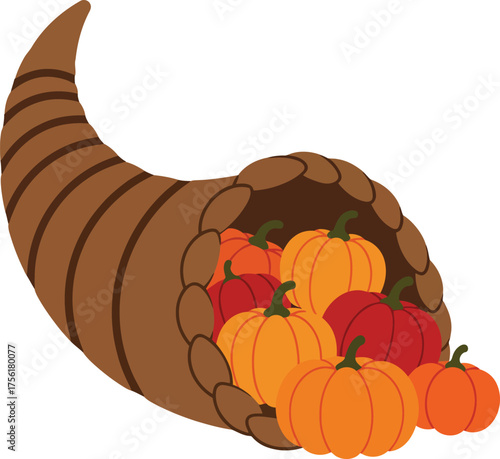 Cornucopia overflowing with vibrant pumpkins and gourds symbolizing autumn harvest abundance and thanksgiving isolated on transparent background