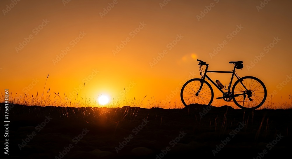 Fototapeta premium Silhouette of a bicycle against a vibrant sunset backdrop.