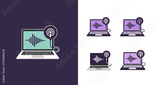 Digital audio recording and podcasting concept with laptop and microphone icons.
