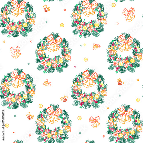 Hand-drawn Christmas wreath. Seamless pattern. Vector ornament with wreaths, bells, and Christmas tree decorations. Suitable for Christmas textile print, wrapping paper, backgrounds, social media, web