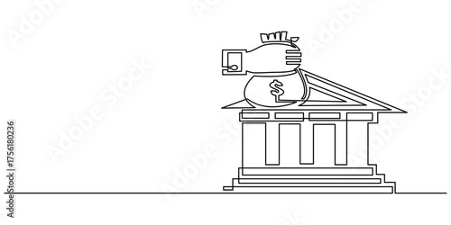 Deposit, money bag, coins, bank one line art. Continuous line drawing of bank, financial, payment, data, economic, wealth credit with an inscription, lettering, handwritten