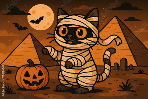 Mummy Cat Before Pyramids – Whimsical Halloween Scene with Bandaged Feline