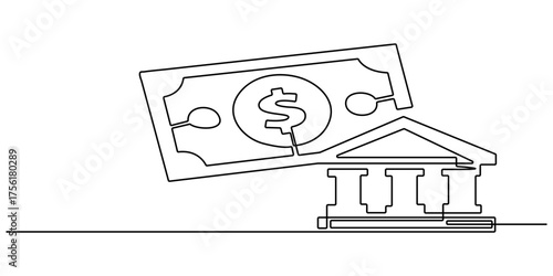 Deposit, money bag, coins, bank one line art. Continuous line drawing of bank, financial, payment, data, economic, wealth credit with an inscription, lettering, handwritten