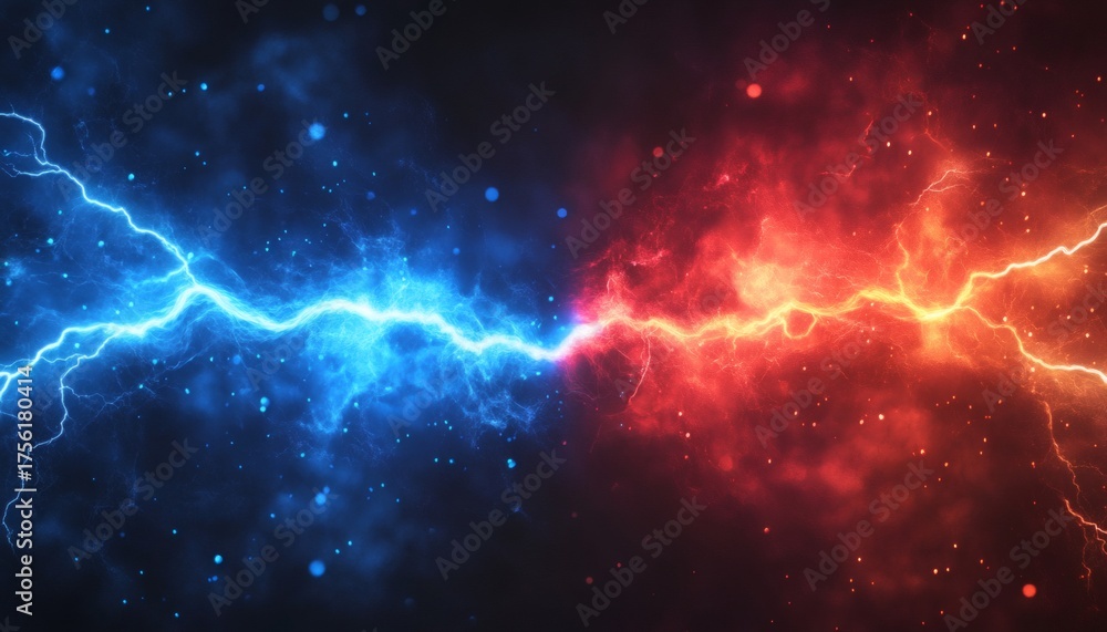 Fototapeta premium The illustration shows a dramatic clash between blue and red energy bolts, creating a visually striking display of contrasting forces.