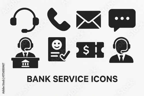 Bank Customer Service Icons – Solid Filled Set for Support & Communication