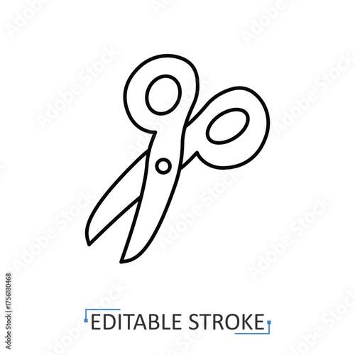 A scissors icon in a minimalist line style with editable stroke. School supply, office stationery, craft tool, paper cutting, hairdresser equipment, tailor instrument, creative hobby.