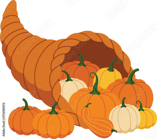 Abundant cornucopia filled with pumpkins and gourds symbolizing autumn harvest and thanksgiving celebrations isolated on transparent background